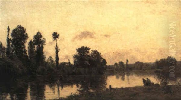 Washerwomen And Fishermen On A Riverbank Oil Painting by Hippolyte Camille Delpy