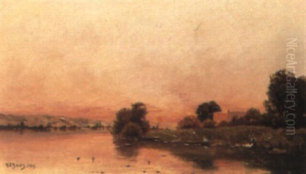 Les Lavandieres Au Crepuscule Oil Painting by Hippolyte Camille Delpy