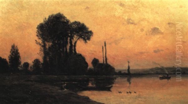 Lake Landscape At Sunset Oil Painting by Hippolyte Camille Delpy