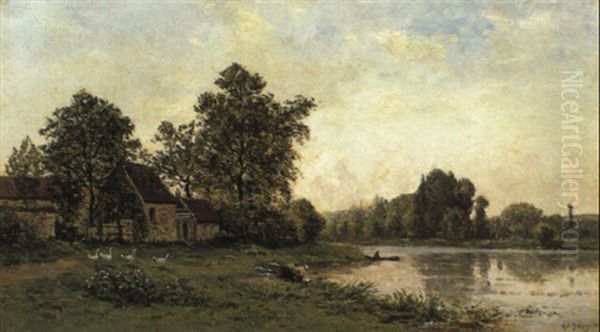 Washerwomen By A River Near A Cottage Oil Painting by Hippolyte Camille Delpy