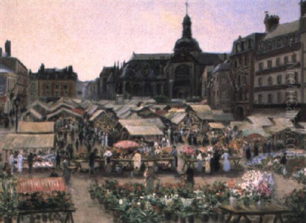 Le Marche Aux Fleurs A Dieppe Oil Painting by Hippolyte Camille Delpy