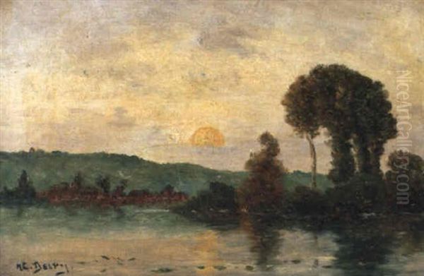 Flusufer Bei Untergehender Sonne Oil Painting by Hippolyte Camille Delpy