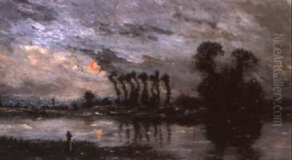 Wooded River Landscape At Sunset Oil Painting by Hippolyte Camille Delpy