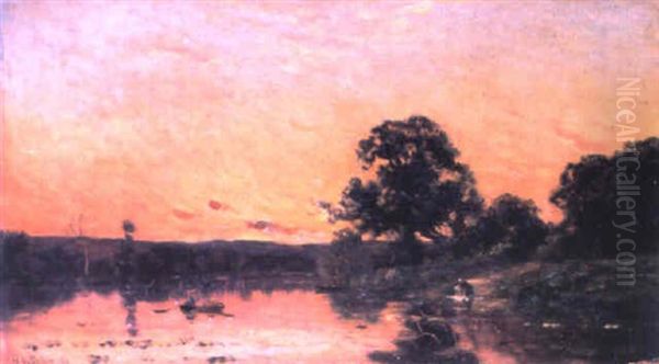 Abendstimmung Uber Fluslandschaft Oil Painting by Hippolyte Camille Delpy