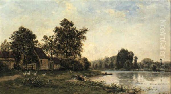 Washerwomen By A River Near A Cottage Oil Painting by Hippolyte Camille Delpy