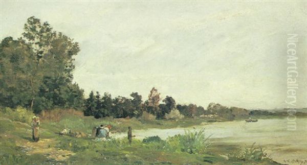 Washerwomen In A River Land- Scape Oil Painting by Hippolyte Camille Delpy