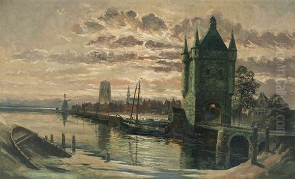 Haven Van Oostkerke Met Gezicht Op De Sint-kwintenskerk Oil Painting by Willem Delsaux