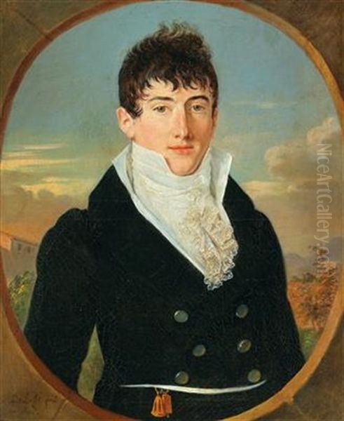 Portrait Of An Elegant Young Man Before A Landscape Background At Dusk Oil Painting by Jean-Jacques-Thereza Delusse