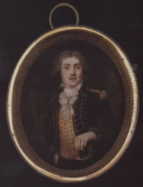 An Officer Wearing Dark Blue Jacket With Hussars-style Frogging, A Gold Epaulette On His Shoulder And An Aiguilette On The Other, Grey Fur Trim To His Cuffs, Straw Yellow Waistcoat Edged In Gold Cord Oil Painting by Jean-Jacques-Thereza Delusse