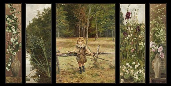 Portrait Of A Young Girl In A Landscape Surrounded By Flowers (in 5 Pieces) Oil Painting by Jean Delvin