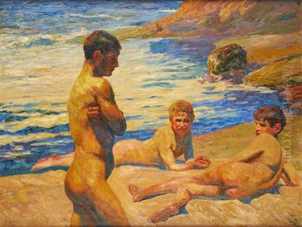 Trois Enfants A La Plage Oil Painting by Jean Delvin