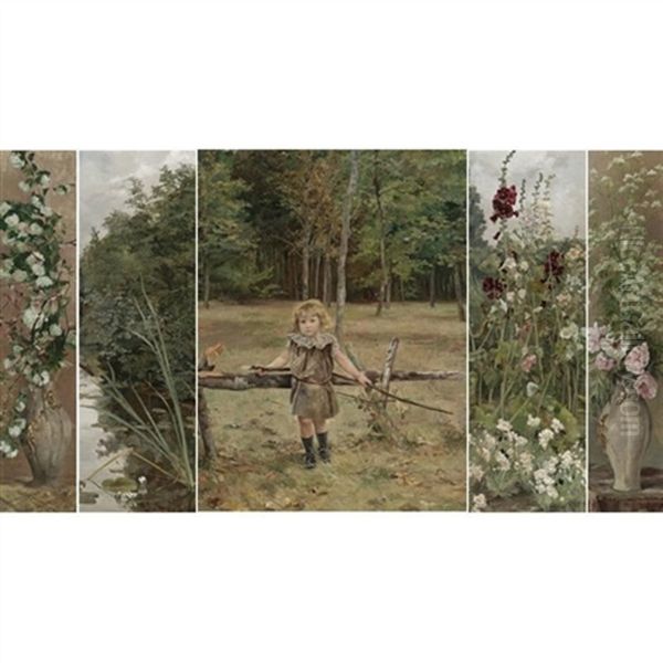 Child, Fields And Flowers: Five Decorative Panels Oil Painting by Jean Delvin