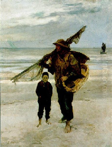 Garnaalvisser Op Het Strand Oil Painting by Jean Delvin