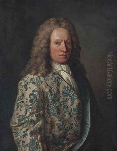 Portrait Of A Gentleman, Half-length, In A Blue Embroidered Coat And White Stock Oil Painting by Jean Francois Delyen