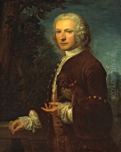 A Portrait Of A Gentleman Holding A Small Dog Oil Painting by Jean Francois Delyen