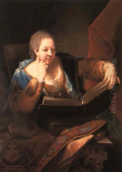 Portrait Of Madame De La Hayes?, Half-length, Reading At A Table Oil Painting by Jean Francois Delyen