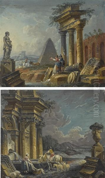 An Architectural Capriccio With A Marble Sculpture And Figures; And An Architectural Capriccio With Figures Resting By The Gentle Cascade Of Water Over The Stone Oil Painting by Pierre Antoine Demachy