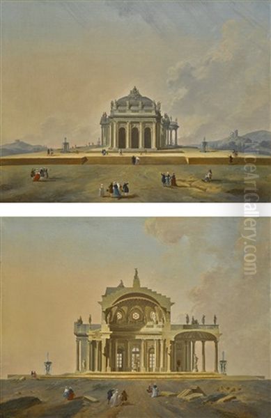 Two Fantastical Architectural Studies With Figures Oil Painting by Pierre Antoine Demachy