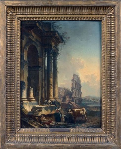 Abreuvoir Dans Des Ruines Antiques, Au Fond Le Colisee Oil Painting by Pierre Antoine Demachy