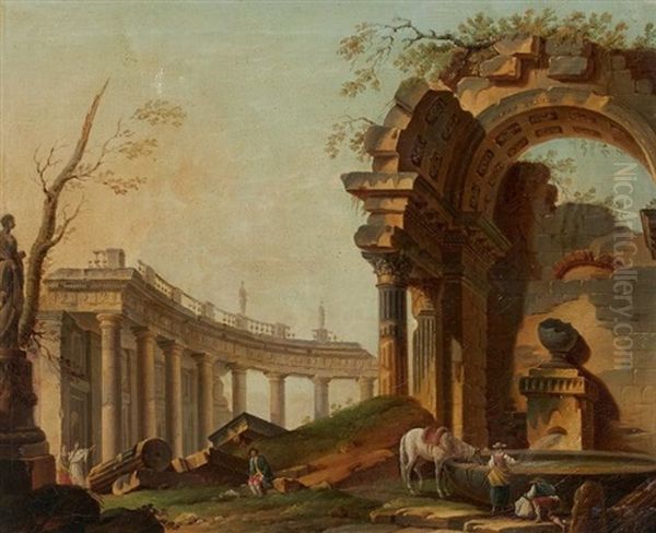 Une Halte Pres De La Fontaine Dans Un Temple En Ruines Oil Painting by Pierre Antoine Demachy