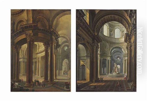 A Cathedral Interior With Architects Working; A Cathedral Interior With A Baptismal Font And Figures (pair) Oil Painting by Pierre Antoine Demachy