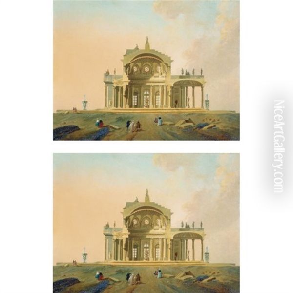 Fantastical Architectural Studies With Figures (2 Studies) Oil Painting by Pierre Antoine Demachy