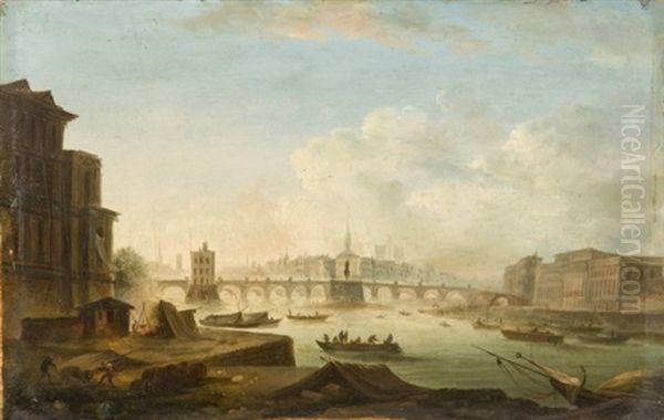 Vue Du Pont-neuf Et De L'hotel De La Monnaie (+ Vue De La Seine Avec Le Louvre Et Le College Des Quatre-nations; Pair) Oil Painting by Pierre Antoine Demachy