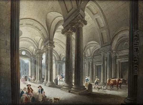 The Louvre From The Entrance To The Palais Royal Oil Painting by Pierre Antoine Demachy