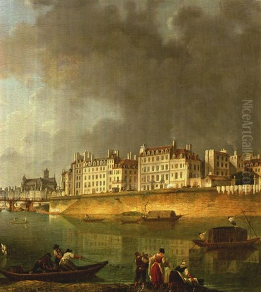 L'ile Saint Louis Et L'eglise St-gervais St-protais Vue De La Rive Gauche Oil Painting by Pierre Antoine Demachy