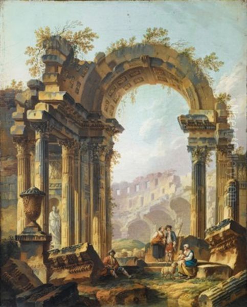 Bergers Se Reposant Dans Un Paysage De Ruines Romaines Oil Painting by Pierre Antoine Demachy