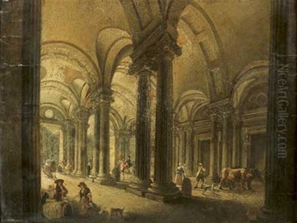 Vue Presumee De L'entree Du Palais Royal A Paris Oil Painting by Pierre Antoine Demachy