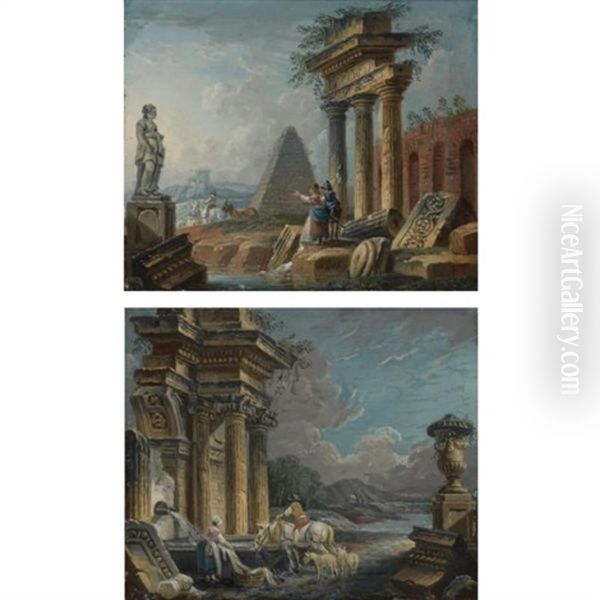 Capricci Of Roman Ruins With Figures ( Pair, One Smaller) Oil Painting by Pierre Antoine Demachy