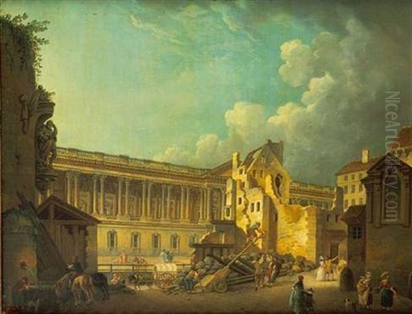 Degagement De La Colonnade Du Louvre, Vue Prise Pendant La Demolition Des Vestiges De L'hotel Du Petit Bourbon Oil Painting by Pierre Antoine Demachy