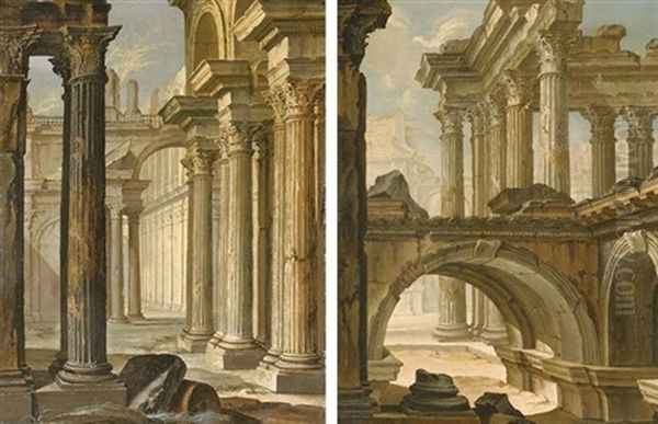 Architectural Capricci With Classical Ruins (+ Another, Similar; Pair) Oil Painting by Pierre Antoine Demachy