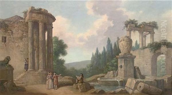 A Capriccio Of Classical Ruins With Elegant Figures (+ A Capriccio Of Classical Ruins With Elegant Figures By A Fountain; Pair) Oil Painting by Pierre Antoine Demachy