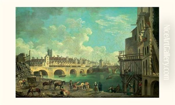 La Demolition Des Maisons Du Pont Au Change, Derriere, La Tour Saint Jacques, Le Quai De Gesvres Et Le Pont Notre-dame Oil Painting by Pierre Antoine Demachy