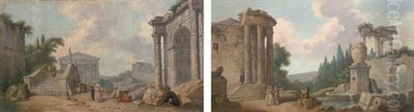 A Capriccio Of Classical Ruins With Elegant Figures (+ A Capriccio Of Classical Ruins With Elegant Figures By A Fountain; Pair) by Pierre Antoine Demachy