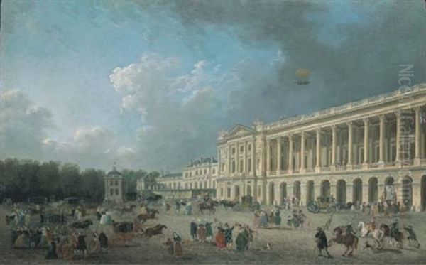 Vue De La Place Royale Avec L'hotel Des Ambassadeurs Et L'hotel Grimod De La Reyniere Et Une Mongolfiere Dans Le Ciel (in Collab. W/studio Of Demachy) Oil Painting by Pierre Antoine Demachy