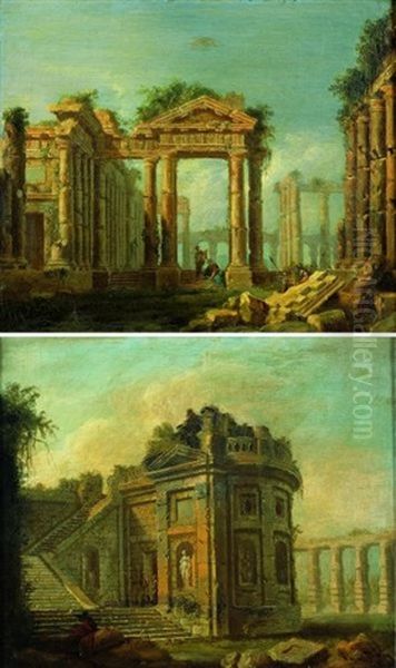 Caprice D'architecture (+ Another, Similar; Pair) Oil Painting by Pierre Antoine Demachy