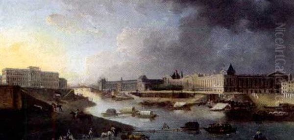 Blick Uber Die Seine Auf Den Louvre, Paris Oil Painting by Pierre Antoine Demachy