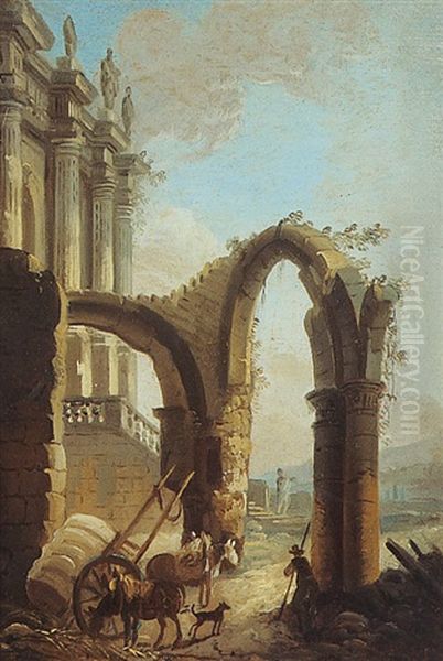 Carriole Et Paysans Devant Les Ruines D'une Eglise Gothique Oil Painting by Pierre Antoine Demachy