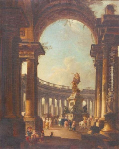 Rotonde Imaginaire Avec La Statue De Louis Xiv Par Desjardins Oil Painting by Pierre Antoine Demachy