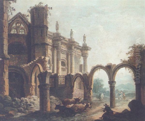 A Herdsman And Cattle Resting Before A Ruined Cloister Oil Painting by Pierre Antoine Demachy