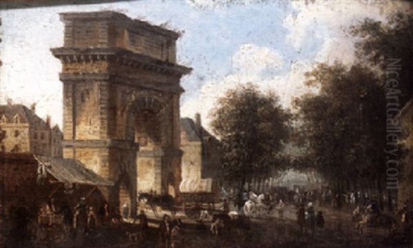 Paris, A View Of The Porte Saint Martin Oil Painting by Pierre Antoine Demachy