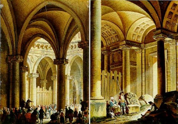 An Architectural Capriccio With Crowds Gathered Before A Religious Procession Oil Painting by Pierre Antoine Demachy