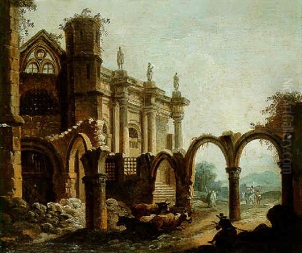 A Herdsman And Cattle Resting Before A Ruined Cloister Oil Painting by Pierre Antoine Demachy