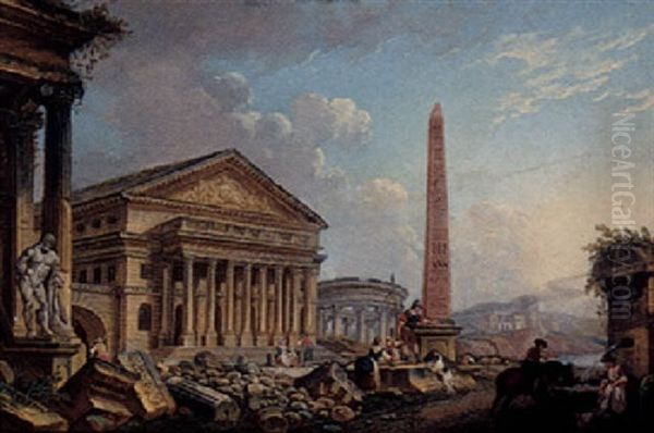 An Architectural Capriccio With A Roman Forum And Figures Resting Among The Ruins Oil Painting by Pierre Antoine Demachy