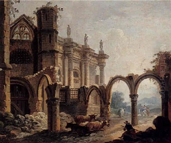 A Herdsman And Cattle Resting Before A Ruined Cloister Oil Painting by Pierre Antoine Demachy