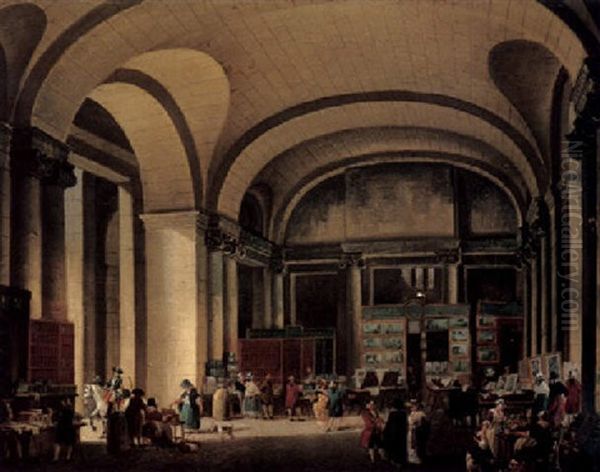 A Book Market Beneath The Louvre Galleries Oil Painting by Pierre Antoine Demachy