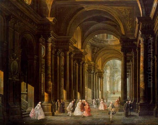 The Atrium Of A Cathedral With Ladies And Gentlemen Promenading Oil Painting by Pierre Antoine Demachy